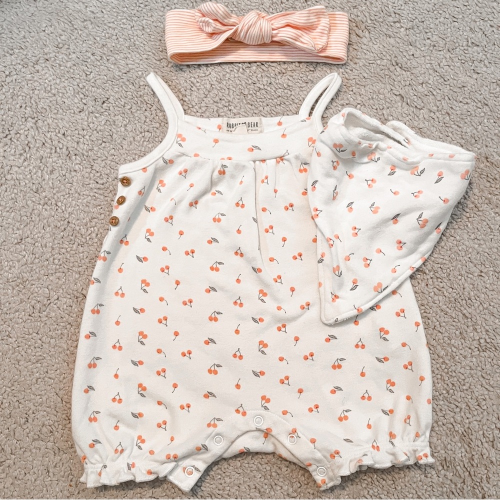 Rabbit + Bear Baby Girl Romper + Bow + Bib set 3-6 MO